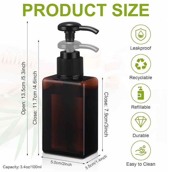 Domensi 12 Pcs 100ml /3.4 oz Pump Bottle Mini Travel Bottles Small Dispenser Containers Plastic Pump Lotion Dispenser Empty Square Travel Size Containers Toiletries (Brown)