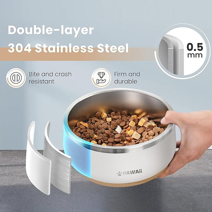 Pawaii Dog Bowl,68 oz Stainless Steel Food and Water Bowl,ID Tag,1 Pack | Double-Wall Design,Non-Slip Rubber Base,Dishwasher Safe,Smooth Open Design, Not a Slow Feeder,Easy-Rinse Interior