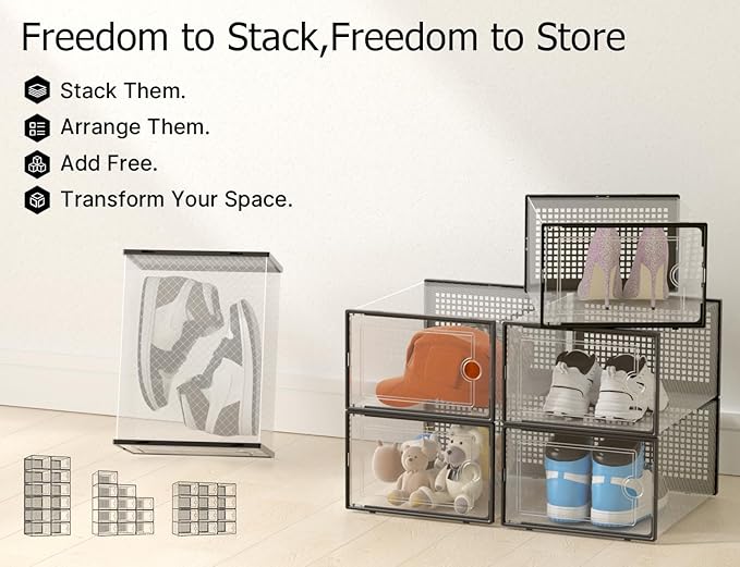 Kuject XXX-Large Shoe Storage Boxes Organizers Clear Plastic Stackable 12 Pack, Shoe Rack & Holder Substitute, Sneaker Containers, Toy Storage Organizer Bins for,Closet, Under Bed, Black(No Fold Line)