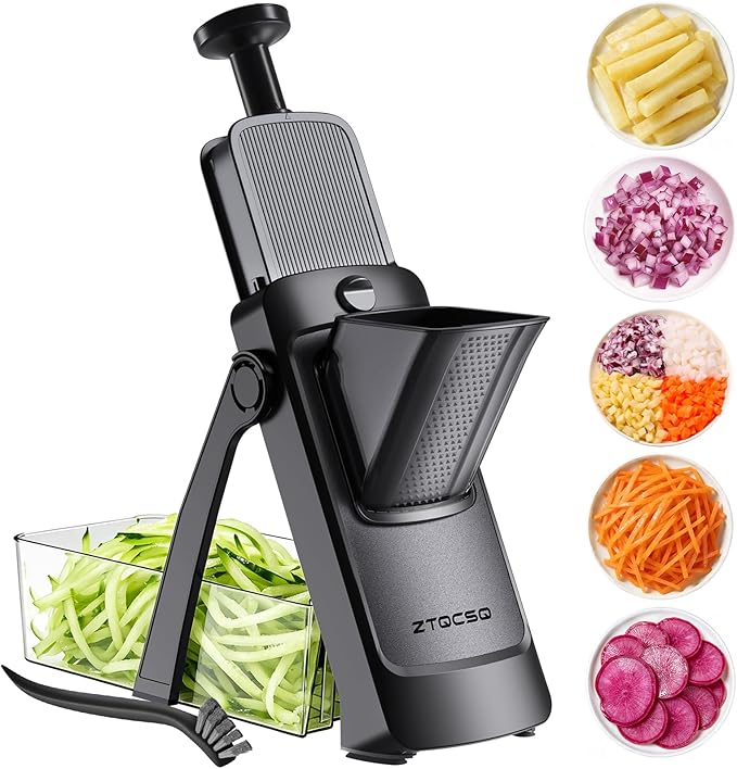 Vegetable Slicer with Adjustable Thickness, Easy to Clean Potato Mandoline Slicer with Container, Rapid Prep French Fry Veggie Cutter/Onion Slicer, Free Grater/Cleaning Brush (Black)