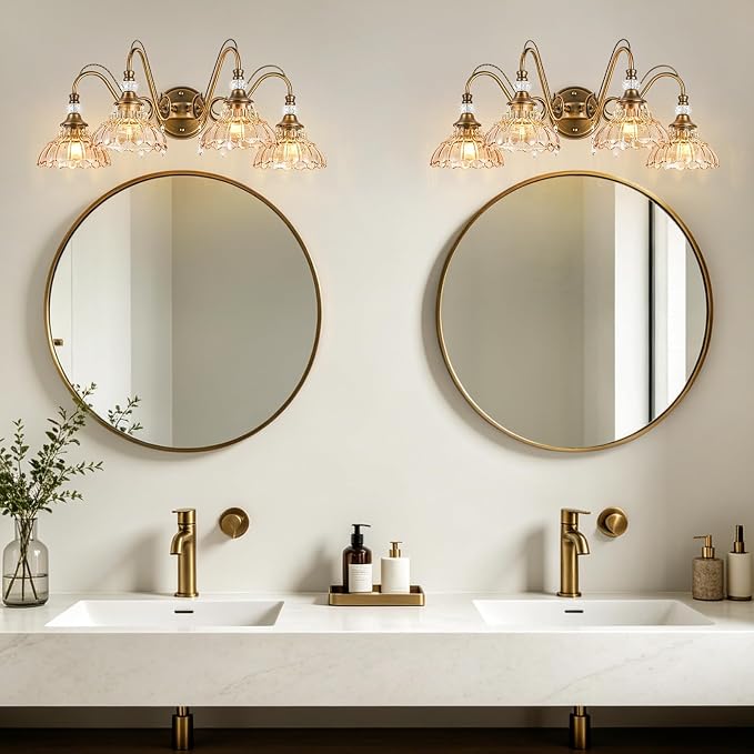 Vintage Bathroom Vanity Light, 4-Light Matte Antique Brass Finish Wall Sconce with Hanging Crystal Accents and Flower-Shaped Amber Glass Shades, Retro Wall Mount Vanity Light Over Mirror for Bathroom