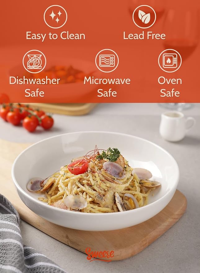 Sweese Large Salad Serving Bowls, 30 Ounce Porcelain White Pasta Plates Set of 6, 8.4 Inch Pasta Bowls for Dinner, Salad - Microwave Dishwasher