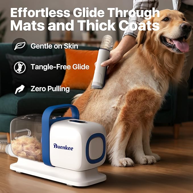 buenkee Dog Grooming Kit with Vacuum, 15000Pa Pet Hair Clipper and Shedding Brush, 2L Capacity, White