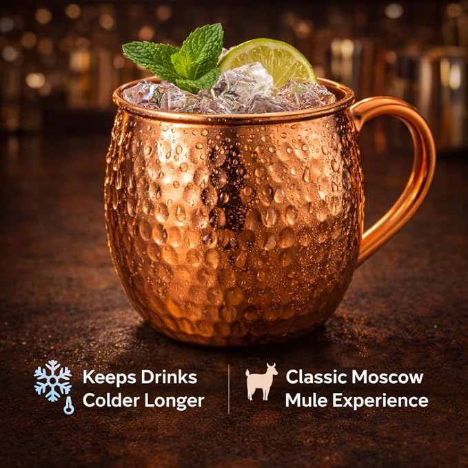 Premium Handcrafted Copper Moscow Mule Mugs Set of 4 – 16oz Hammered Solid Copper Cups, BPA-Free & Lacquer-Free, Elegant Gift Set for Cocktails, Water, Home Bar & Parties