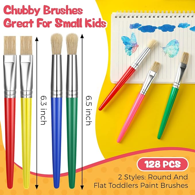 128 Pcs Paint Brushes for Kids Paint Brushes Bulk Toddler Children Paint Brush Set Large Chubby Paintbrushes Flat and Round Paint Brush for Washable Paint Acrylic Paint Preschool Art Supplies Craft