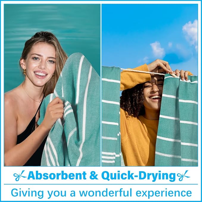 Vikumond Turkish Beach Towel Blanket Oversized 85x75 Inch Quick Dry Teal | Lightweight Compact Portable Sand Free Absorbent Boho Woven Throw for Pool Swimming Picnic Camping Cruise Outdoor Essentials