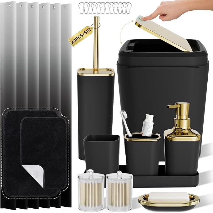 XLHOMO Bathroom Accessory Set - 24PCS Luxury Bathroom Accessories Set, Bathroom Sets with Shower Curtain and Rugs, Black Bathroom Set with Trash Can, Toothbrush Holder & Soap Dispenser for Home Decor