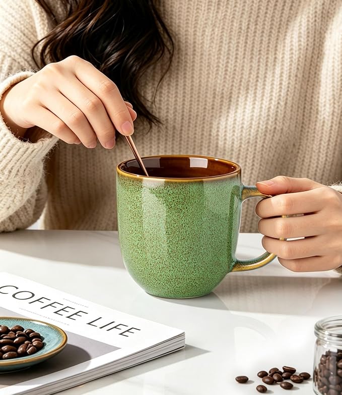 LERATIO Ceramic Coffee Mugs Set of 6,12oz Handmade Coffee Mugs Set | Large Handle for Cappuccino/Latte/Tea/Hot Cocoa,Oven &Dishwasher & Microwave Safe-Sage Meadow Green