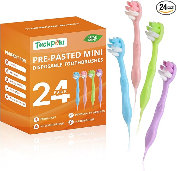 24-Pack Pre-Pasted Mini Travel Toothbrushes, Individually Wrapped Value Pack, Disposable Toothbrushes with Toothpaste, Waterless Single-Use Extra Soft Bristle for Adults, On-The-Go & Braces