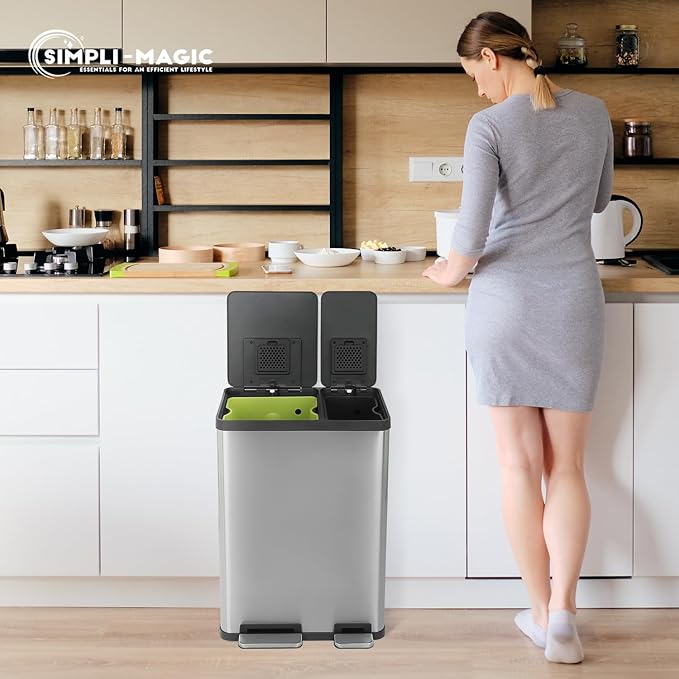 60 Liter / 16 Gallon Rectangular Hands-Free Dual Compartment Recycling Kitchen Step Trash Can with Soft-Close Lid, Brushed Stainless Steel (38L x 22L Capacity)