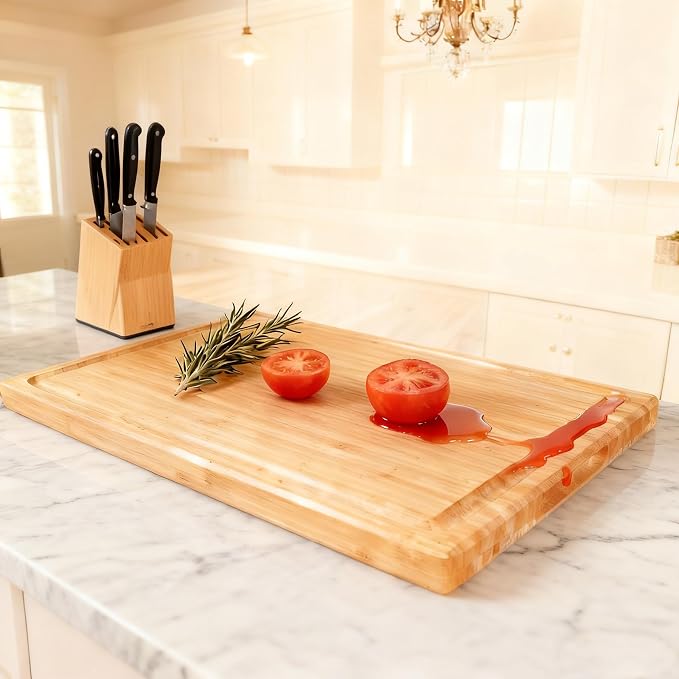 Utoplike Extra Large XXXL Bamboo Cutting Board 24 x16in, Wood Butcher Block | Chopping Boards with Handle & Juice Groove, Charcuterie Tray for Turkey, Meat, Vegetables, BBQ, Over the Sink Thick 1.25"