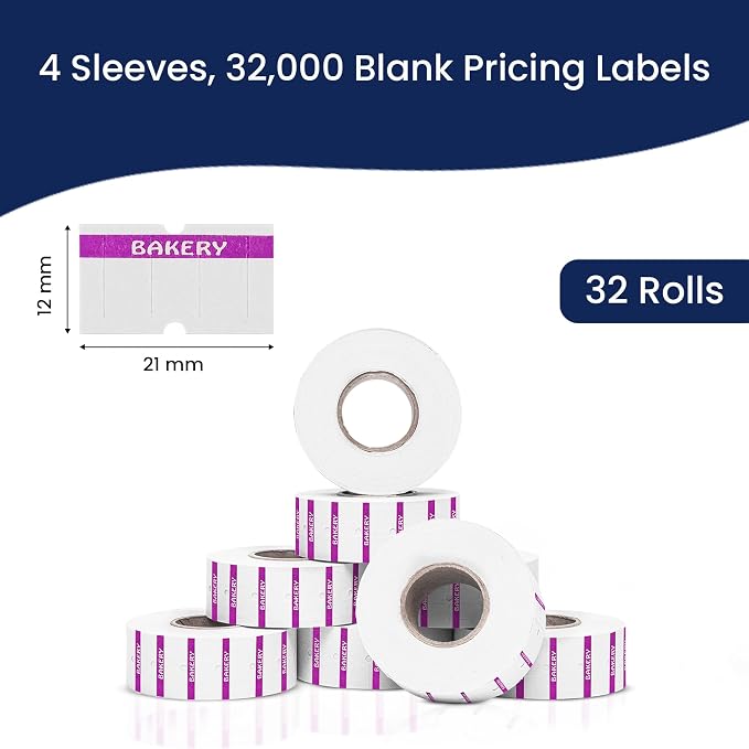 Perco 1 Line Purple Reverse Print on White Bakery Labels — 32,000 Labels for Perco Lite, X, Plus & Pro Guns—with Tamper-Proof Design for Marking Breads, Pastries, Cakes—32 Rolls, 4 Sleeves—Made in USA