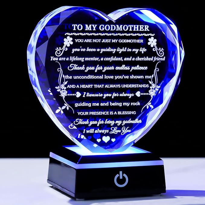 Arikyrist Godmother Gift from Godchild with Colorful LED Base Heart Crystal Gifts for Godmother on Birthday Christmas Mothers Day Thanksgiving from Goddaughter Godson