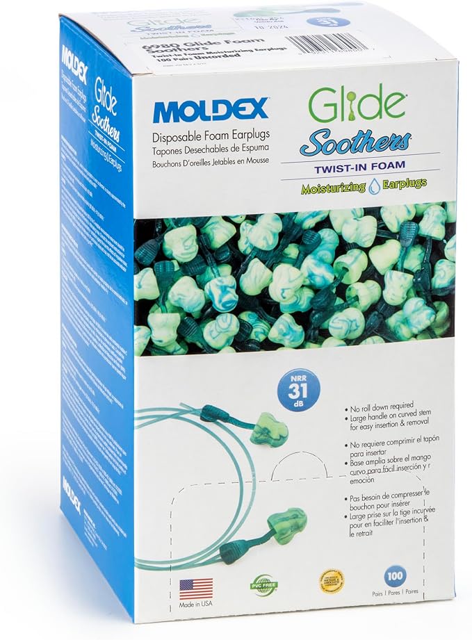 Moldex Glide® Soothers Foam Earplugs, Moisturizing, Soft, Comfortable, Uncorded Disposable Ear Plugs, NRR 31dB Noise Reduction for Hearing Protection, 6980