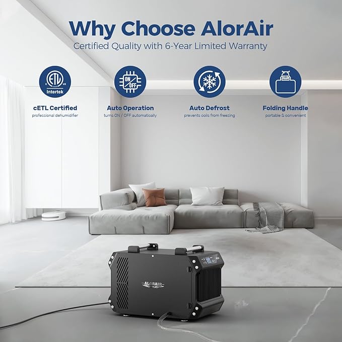 ALORAIR Galaxy 60 Crawl Space Dehumidifier 145 PPD, Commercial Basement Dehumidifier with Drain Hose, Auto Defrost, Compact Portable Dehumidifier for Crawlspaces and Basements, Up to 1,800 Sq. Ft.
