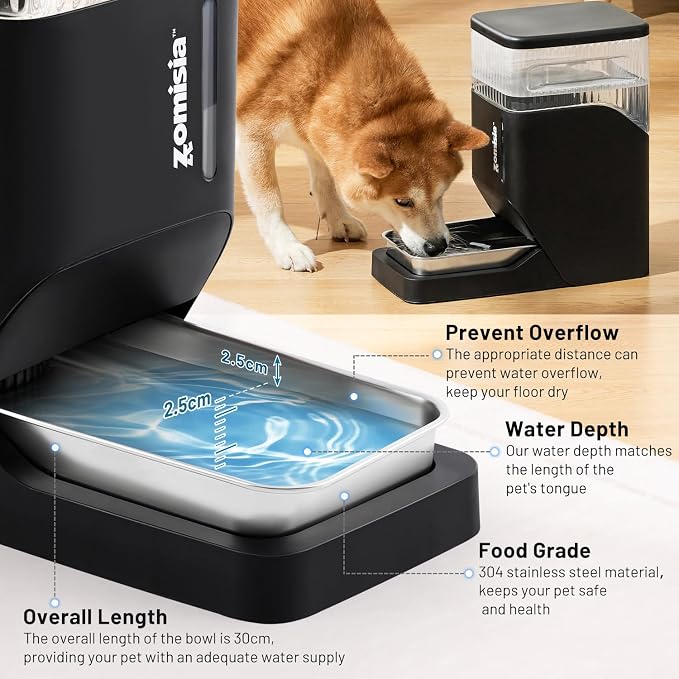 ZOMISIA Automatic Dog Water Dispenser 8L with Stainless Steel Bowl, Gravity Large Capacity Water Bowl for Dogs, 2 Gallon Pet Waterer 100% BPA Free, Cool Grey
