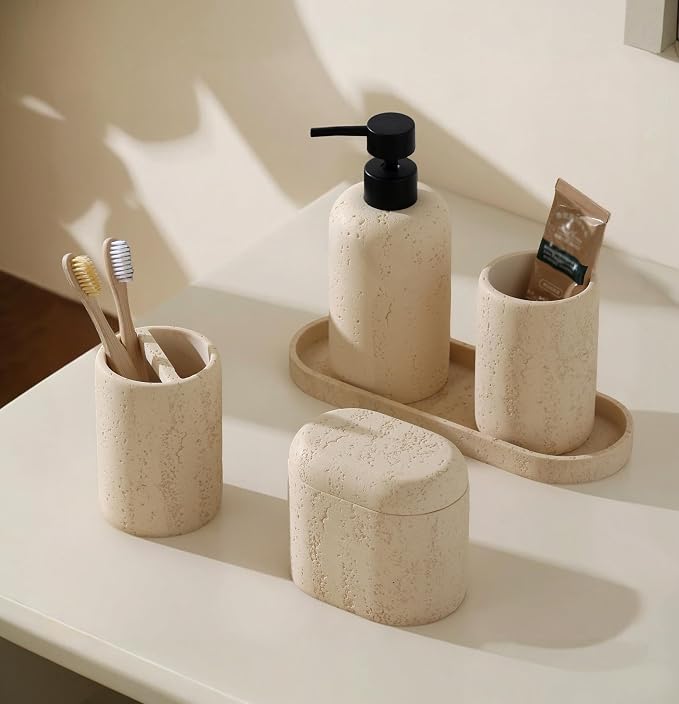 Bathroom Accessories Set, Travertine Stone Look, 5 PCS, Yellow | Modern, Bathroom Set with 13.53 OZ Soap Dispenser, Toothbrush Holder, Tumbler, Vanity Tray, Cotton Swab Jar for Countertop