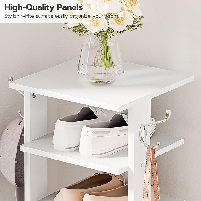 HOOBRO 8 Tiers Vertical Shoe Rack, Wooden Shoe Storage Organizer with Hooks, Narrow Shoe Tower for 8 Pairs, Space Saving, for Entryway, Living Room, Bedroom, White WT07XJ01G1