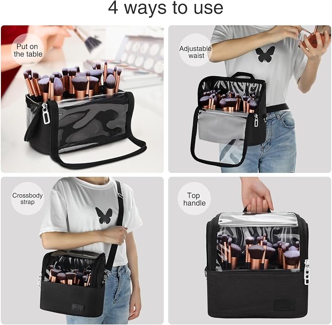 Makeup Brush Bag, Makeup Brush Holder Travel Stand-up Makeup Cup Large Makeup Brush Organizer Case Professional Cosmetic Bag Artist Storage Bag with Adjustable Divider (Large, Black)