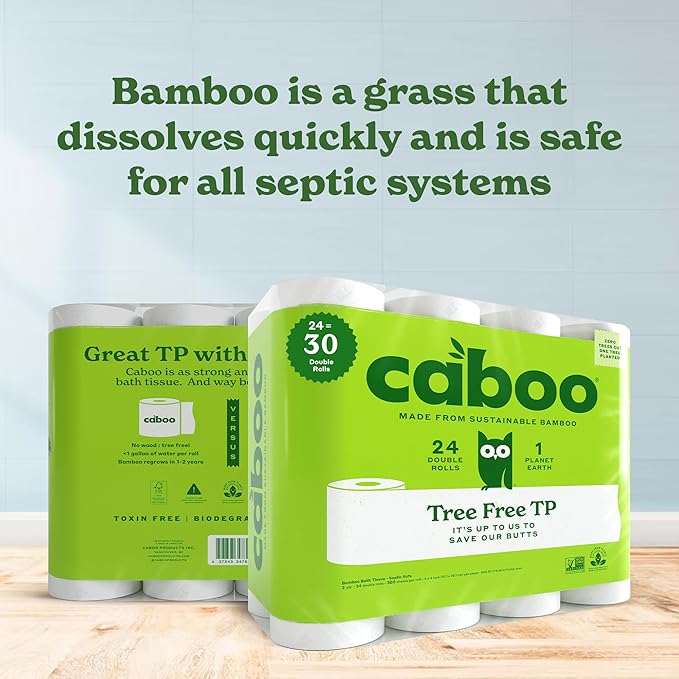 Caboo Tree Free Toilet Paper | Septic Safe, Eco Friendly, Chemical Free, Non Toxic | 2 Ply Toilet Tissue, Pack of 24 Double Rolls, 300 Sheets Per Roll