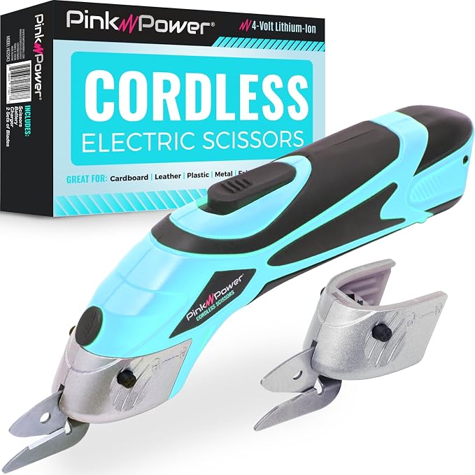 Pink Power Electric Fabric Scissors Box Cutter for Crafts, Sewing, Cardboard, Carpet, & Scrapbooking - Heavy Duty Professional Shears Cutting Tool - Aqua Splash Automatic Cordless Electric Scissors