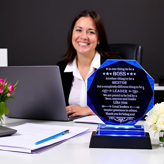 Movdyka Best Boss Gifts for Women Men Crystal Plaque Keepsakes with LED Base Boss's Day for Boss Going Away Appreciation Leaving Office Farewell for Bosses Male Him Retirement