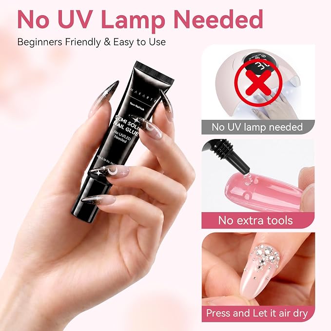 Makartt Press On Nail Glue: No UV Lamp Needed, 20s Air Dry Adjustable for Beginners, Strong Hold, Semi-solid Precise Control, Easy for Press-On Users At-home Application, HEMA-Free for Sensitive Nails