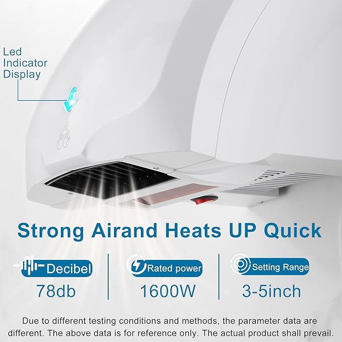 Commercial Hand Dryer Wall Mounted, 1600 W Electric Hand Dryer for Bathroom, Automatic High Speed Warm Wind Hand Blower, 110V Plug in, 10s-15s Second Dry, for Industry Business Restrooms