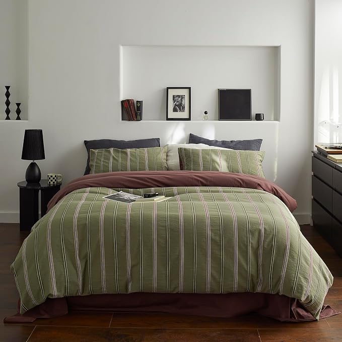 mixinni Vintage Olive Green Striped Duvet Cover Set King, 100% Cotton Yarn-Dyed Jacquard Bedding 3 Pieces, Reversible Design Retro Terracotta Comforter Cover with Zipper & Corner Ties