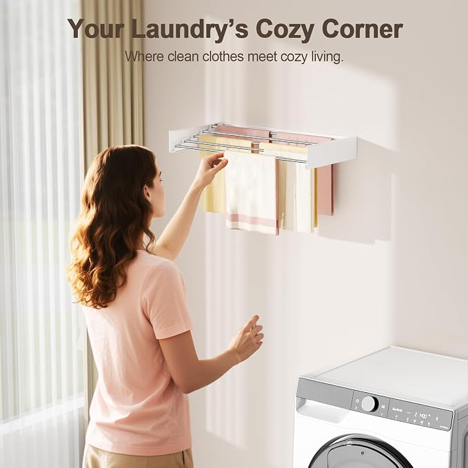 Wall Mounted Clothes Drying Rack Folding Indoor, Foldable Laundry Drying Rack Collapsible, Space Saving, Retractable Towel Drying Rack, with Wall Template(5 Drying Rods, White 23.6")