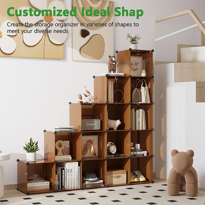 C&AHOME 16 Cube Storage Organizer Cube Shelves Units Storage Cubes, Brown | Plastic DIY Closet Organizer, Stackble Modular Closet Storage Shelves Ideal for Home, Bedroom, 48.4" L × 12.4" W × 48.4" H