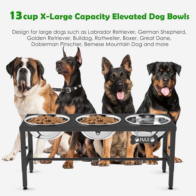 SHAINFUN Elevated Dog Bowl Stand for Large Dogs& Extra Large Dogs with 3 Bowls 101oz– 4 Adjustable Height Raised Pet Feeder with Anti-Spill Mat, Stainless Steel Food & Water Station