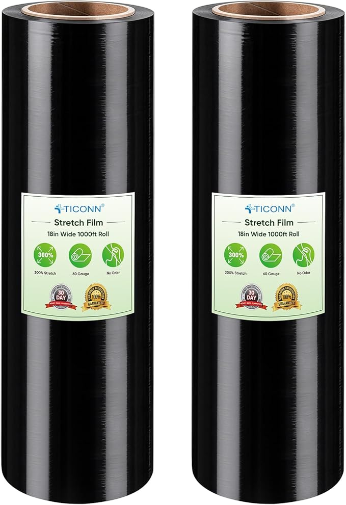 TICONN 2Pk Stretch Wrap Stretch Film Roll, 1000ft Industrial Strength 18 inch Wide Black Plastic Wrap for Pallet Wrapping Shipping Moving (No Handle)