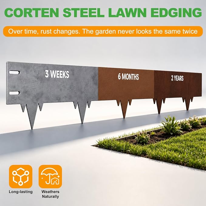 33FT Metal Landscape Edging 10-Pack, 6.5"H Corten Steel Lawn Edging | 10 Stakes, 100-year Service Life, Hammer-in Garden Edging Border, Flexible DIY, for Lawn, Flower Bed, Tree Ring, Pathway