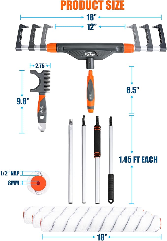 10pcs 12"-18" Adjustable Large Paint Roller Kit: 1-5Ft Aluminum Extension Poles, Brush & Roller Cleaner, Ergonomic Handle, 18" Nylon Covers for Walls,Ceiling,Floors,Interior,Exterior Painting