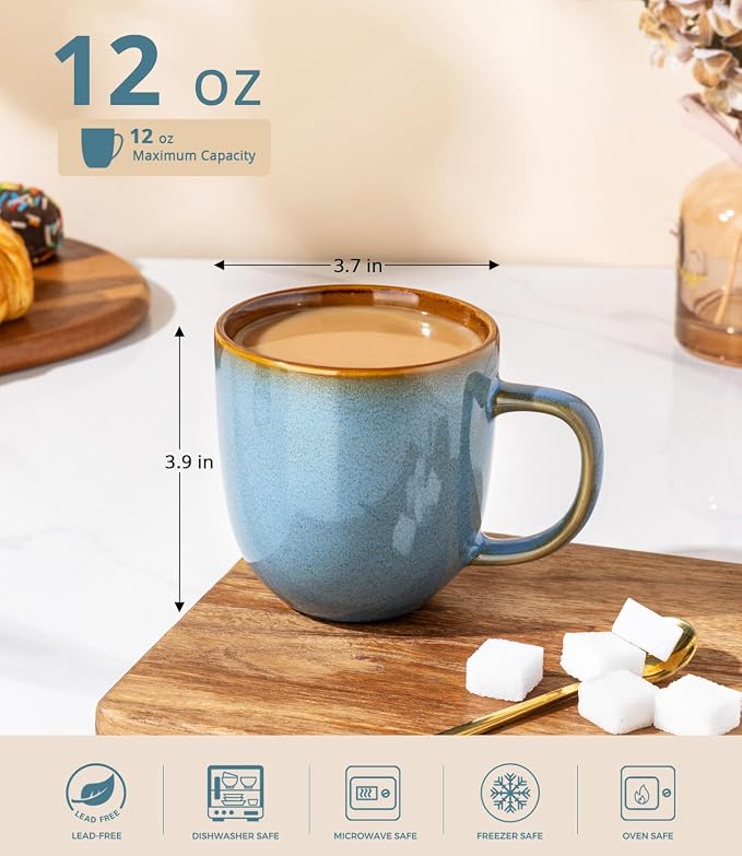 LERATIO Ceramic Coffee Mugs Set of 6,12oz Handmade Coffee Mugs Set | Large Handle for Cappuccino/Latte/Tea/Hot Cocoa,Oven &Dishwasher & Microwave Safe-Ocean Blue