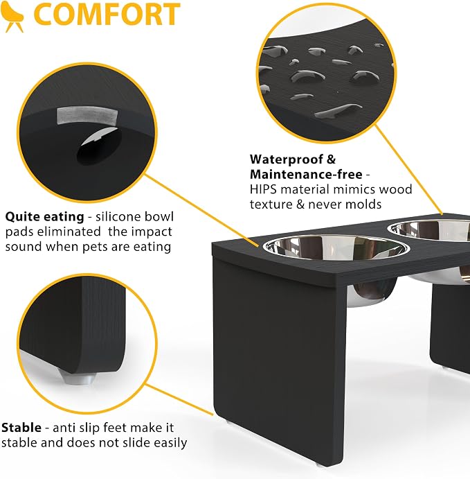 Elevated Dog Bowls, Waterproof Raised Dog Bowl for Medium & Large Dogs, HIPS Poly Lumber Stand with 2 Stainless Steel Bowls, Indoor & Outdoor Use (10'' Tall–48 oz Bowl, Black)