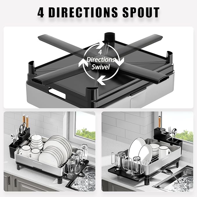 Dish Drying Rack, 304 Stainless Steel Dish Racks for Kitchen Counter | Dish Drainers with Automatic Drainage, Utensil Holder & Cups Holder, Space Saving Kitchen Organizer, Black