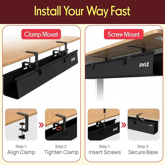 Pyle 36" Under Desk Cable Management Tray, Under Desk Wire Organizer with Clamp or Screw Mount, Desk Cable Organizer with Fabric Design for Large Workstations, Built-in Ties, 20 lb Capacity, Black