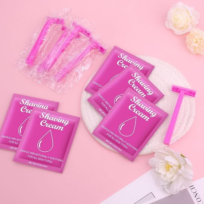 Womens Shaving Cream Bulk Travel and Women's Disposable Razors Individually Wrapped,0.53oz Shave Gel for Women, Care Dry Skin Womens Shave Gel Disposable Razors Women for Travel Guests Homeless（30Set）
