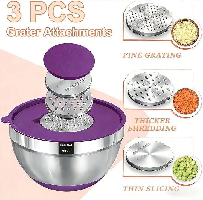 Umite Chef Thickened Heavy-Duty 26pcs Stainless Steel Bowl, Mixing Bowl Set with Lid, Grater Attachment, Colorful Non-Slip Bottom and Kitchen Gadget Set, Sizes 7, 4, 2.5, 2.0, 1.5, 1QT