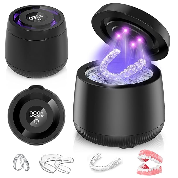 Ultrasonic Retainer Cleaner Machine, Dynamic 42-48kHz Dental Cleaning Pod with Digital Timer, 200ml Mouth Guard Cleaner Pod for Aligners, Night Guards, Dental Trays, Braces & Toothbrushes (Jet Black)