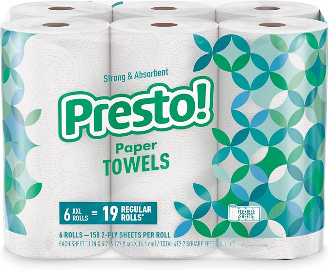 Amazon Brand - Presto! Ultra-Strong Premium Paper Towels, 158 Sheet Huge Roll - Flex-a-Size, 12 Rolls (2 Packs of 6), Equivalent to 38 Regular Rolls, White