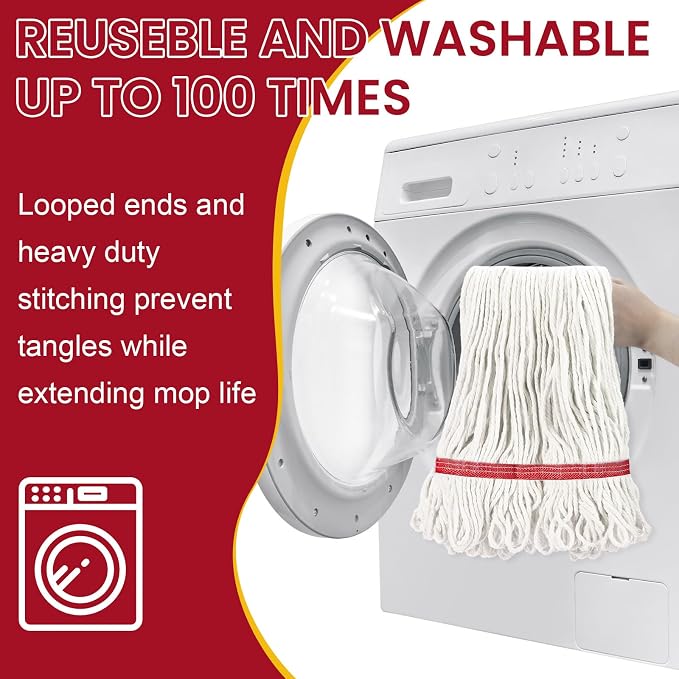 Eccliy 6 Pack Commercial Mop Heads Replacement Heavy Duty 18 oz Loop End Cotton String Wet Mop Refills Washable Absorbent Reusable for Industrial Home Tile Wood Concrete Floor (White,Red)