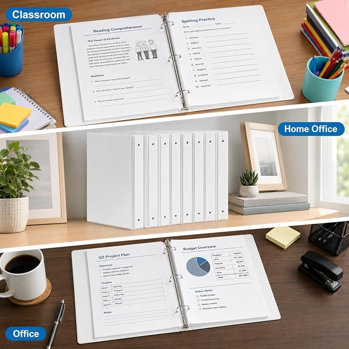 Durable 1 inch 3 Ring Binder White 8 Pack, PVC-Free Clear View Binder with 2 Interior Pockets, Holds 200 Sheets of 8.5" x 11" Paper for Teachers, Back to School,Home Office & Organization