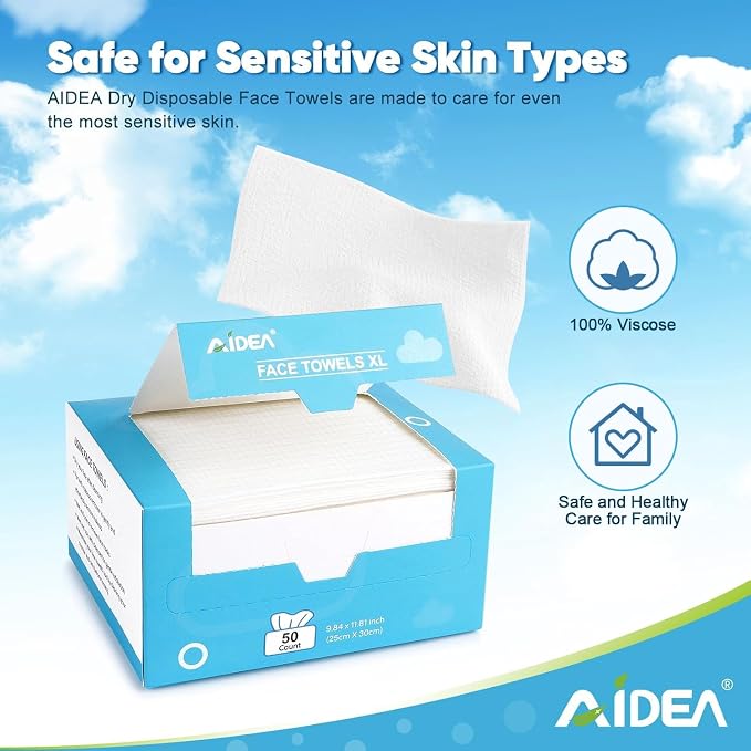 AIDEA XL Face Towels-200Ct, Disposable Towelettes Face Cloths, 9.84"×11.81" | Facial Cleansing Wipes, Face Towelettes for Makeup Removing, Nursing, Travel, Dry Wipes, 4 Box