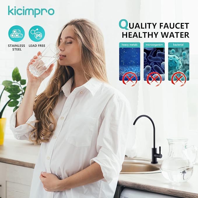 Kicimpro Stainless Steel Matte Black Finish RO Faucet Kitchen Water Filter Faucet for 0.59-1.37 Inches Sink Holes, 10.3 Inches Height Bar Sink Faucet | Lead-Free SUS304, 360 Swivel, Fits 1/4 & 3/8 RO Connectors, Leak-Proof Seal