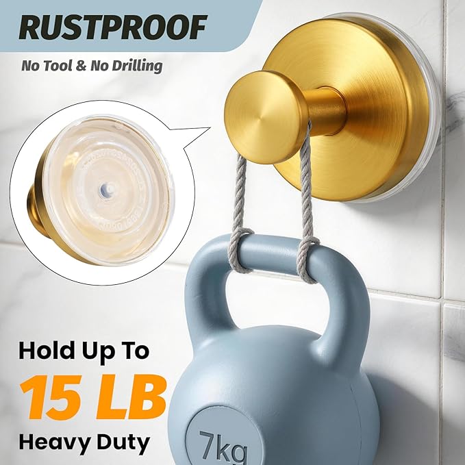 Large 15lb Suction Cup Hooks for Shower, No-Drill Bathroom Towel Hooks for Robes, Loofah, Removable Mountable on Glass, Tile, Mirrors, Smooth Non-Porous Surfaces (2, Brushed Gold)