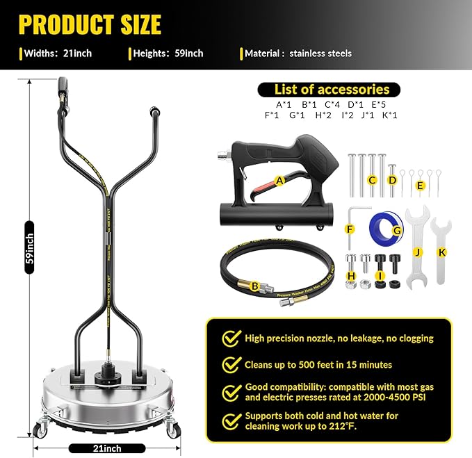 VELPAX 21 Inch Pressure Washer Surface Cleaner with 4 Wheels,Dual Handle,Stainless Steel Housing,4500 PSI Power Washer Accessory for Concrete, Patio, Sidewalk, Deck, Driveways and Daily Washing