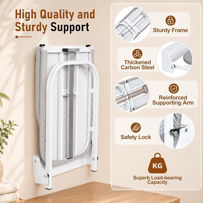 Wall Mounted Folding Ironing Board, Gray | Space Saving Ironing Board with Heat Resistant Cover, Compact Foldable Iron Board for Small Space Home Laundry Room
